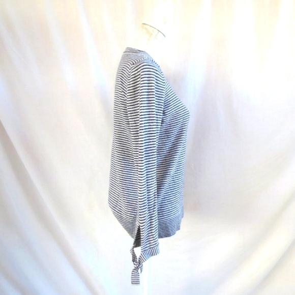 Loft Petites Gray Striped Lightweight Cozy Wool Knit Tie Cuff Sweater Size MP - Picture 3 of 11